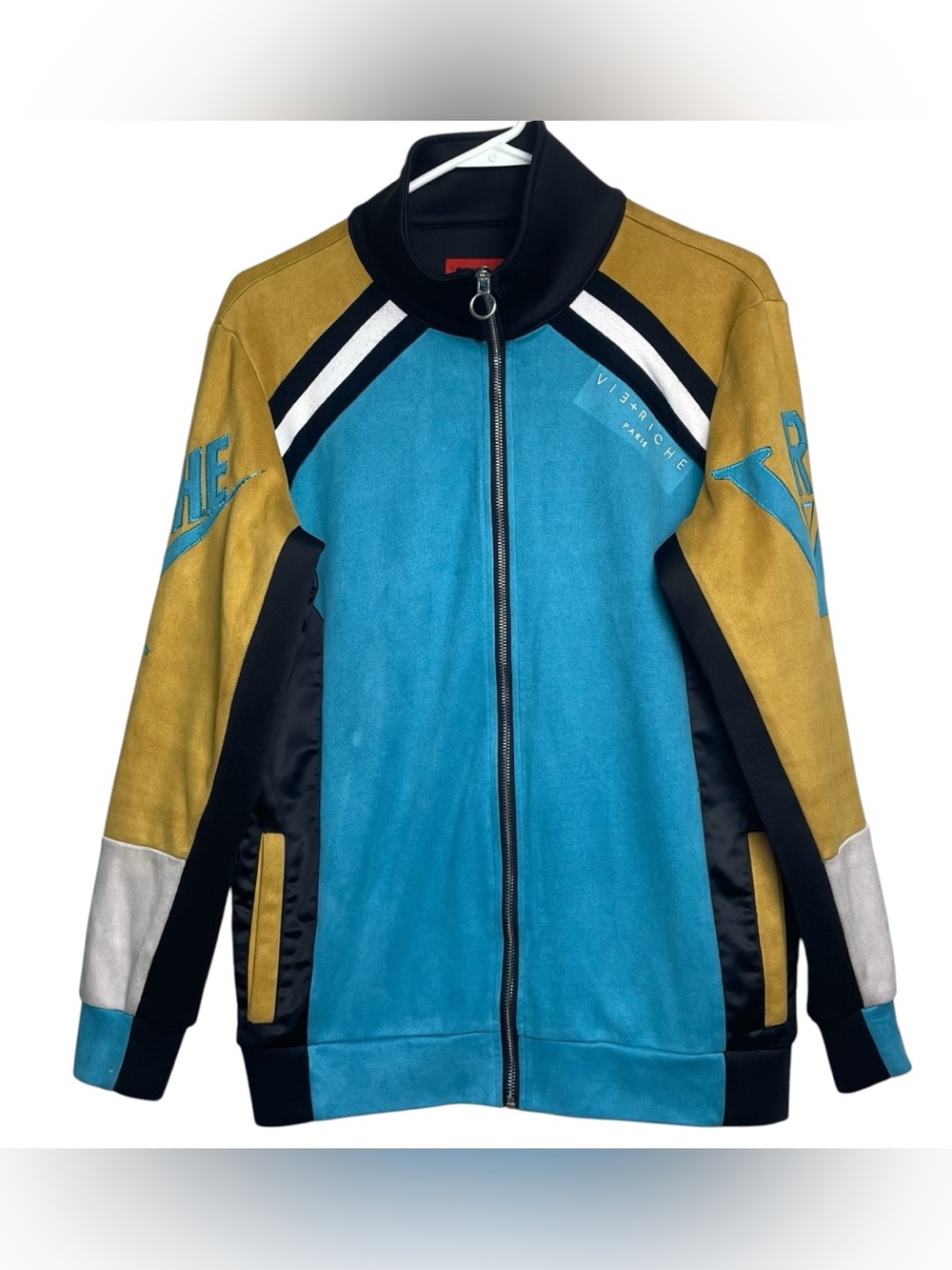 Vie Riche Paris Mens Track Jacket Black Yellow Aqua Satin Panel Full Zip Sz Sm